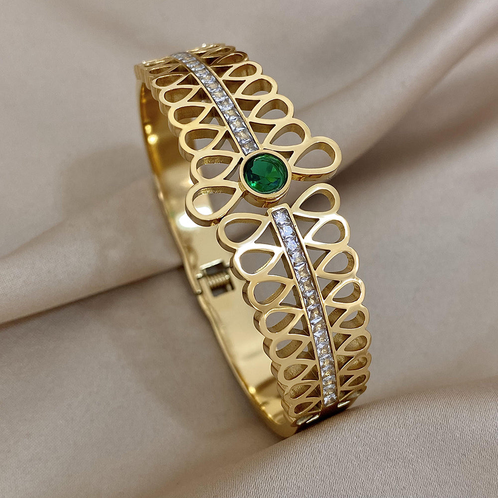 Green White Rhinestone Wide Bangle