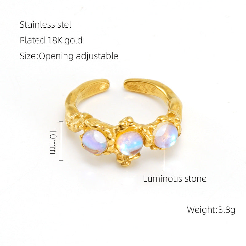 Retro Titanium Steel Moonstone Ring Hip Hop Irregular Geometry