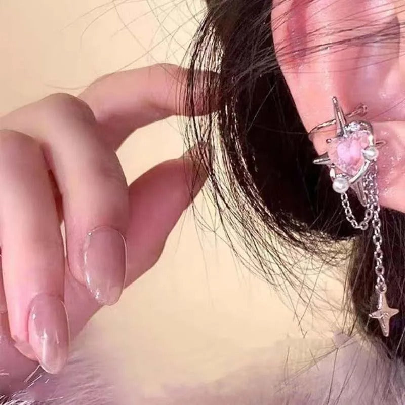 Pink Crystal Heart Star Ear Clip