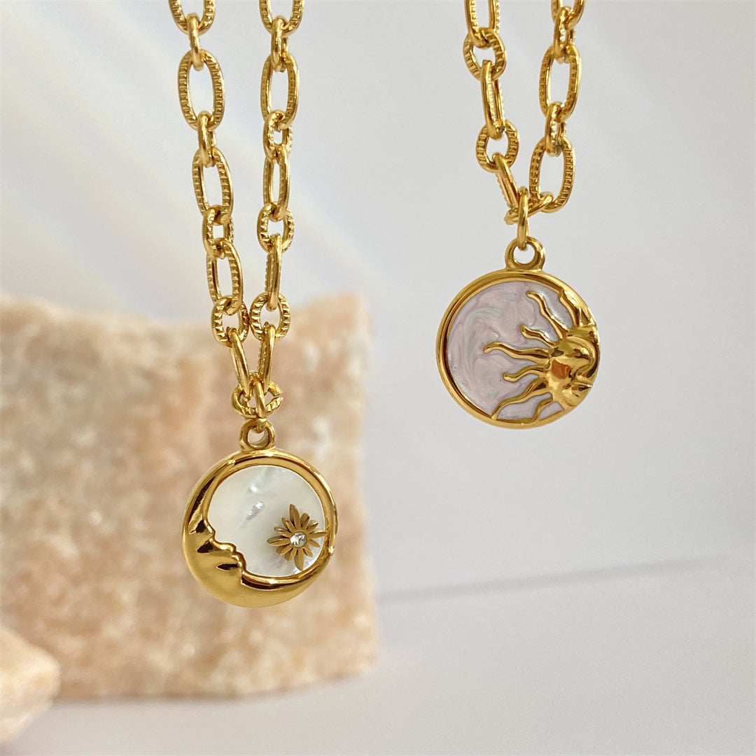 Sun Moon Round Mother Shell Pendant Necklace