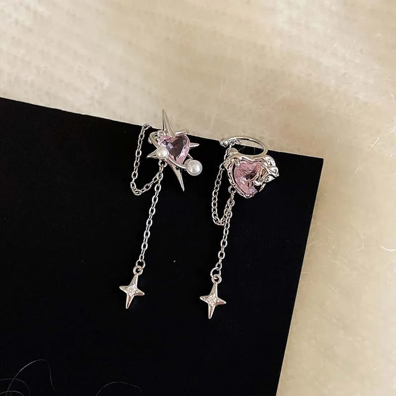 Pink Crystal Heart Star Ear Clip