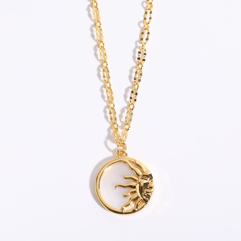 Sun Moon Round Mother Shell Pendant Necklace