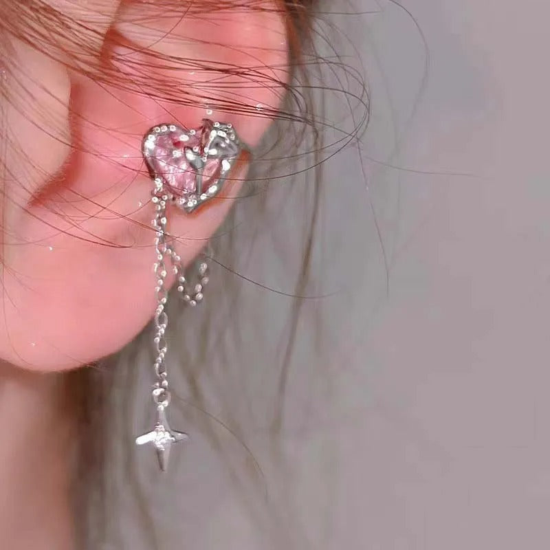 Pink Crystal Heart Star Ear Clip