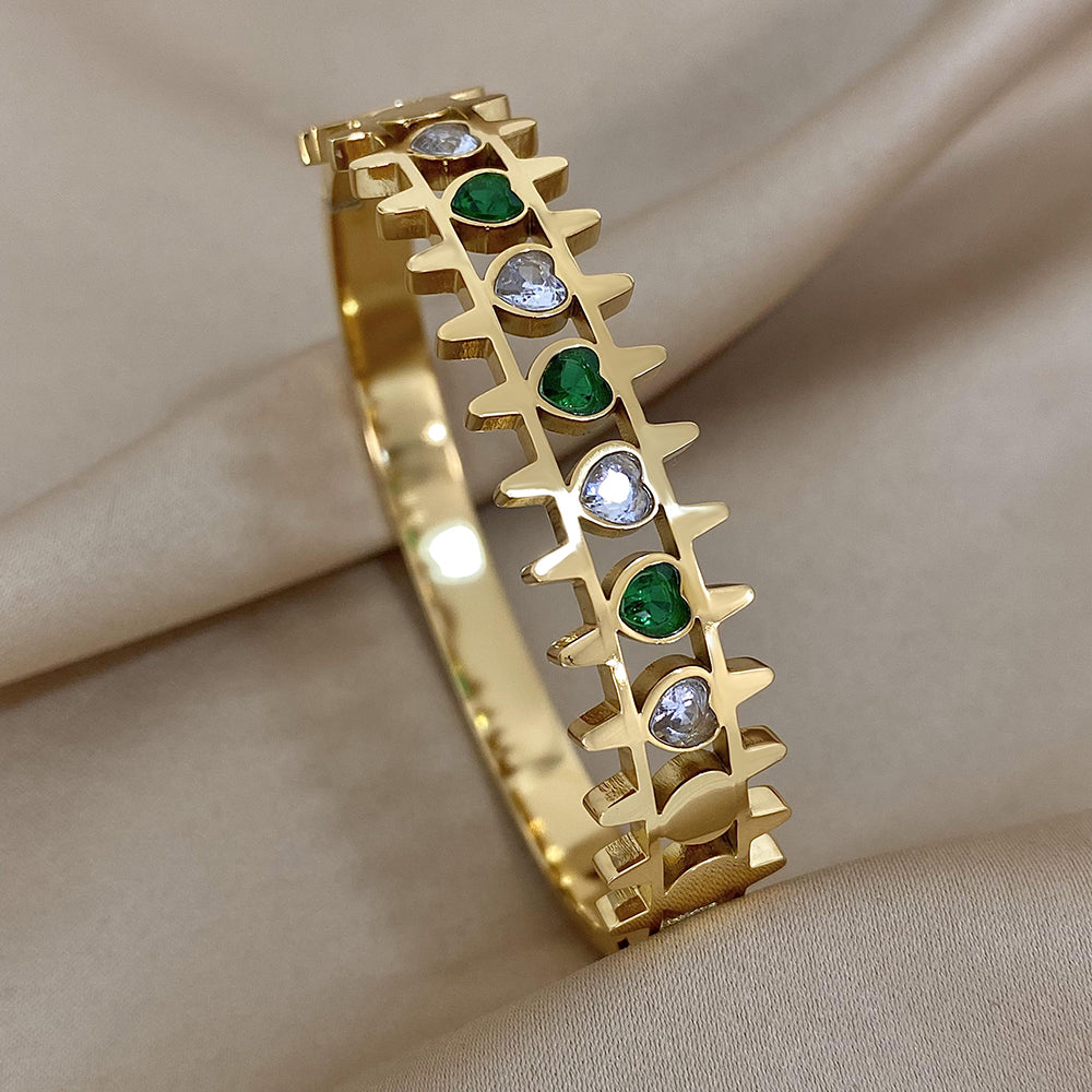 Green White Rhinestone Wide Bangle