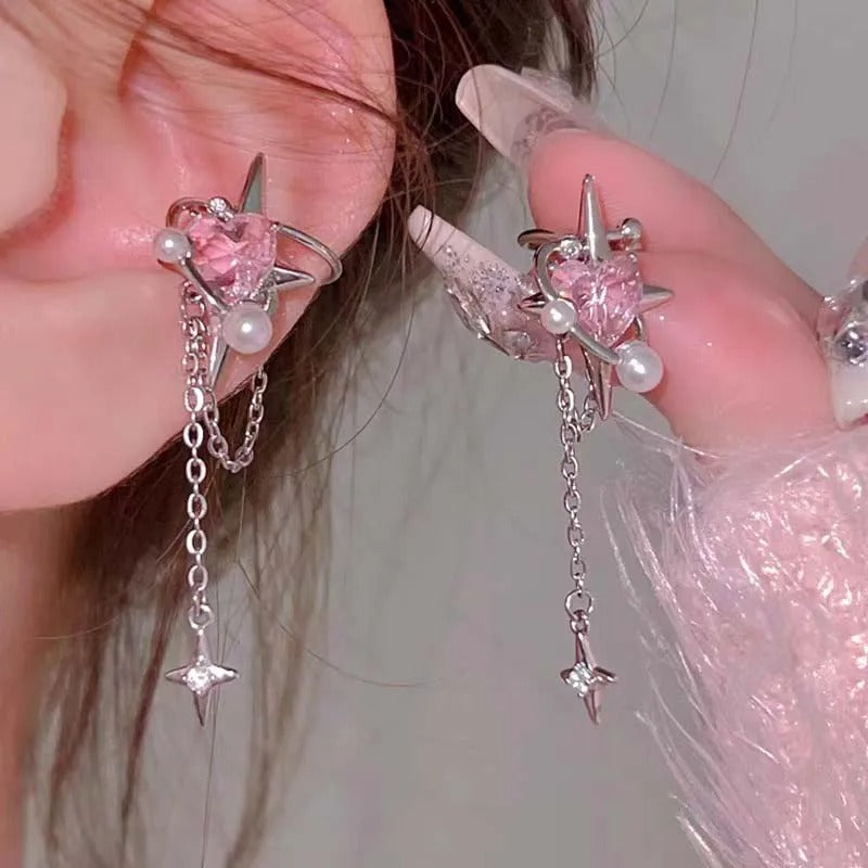 Pink Crystal Heart Star Ear Clip