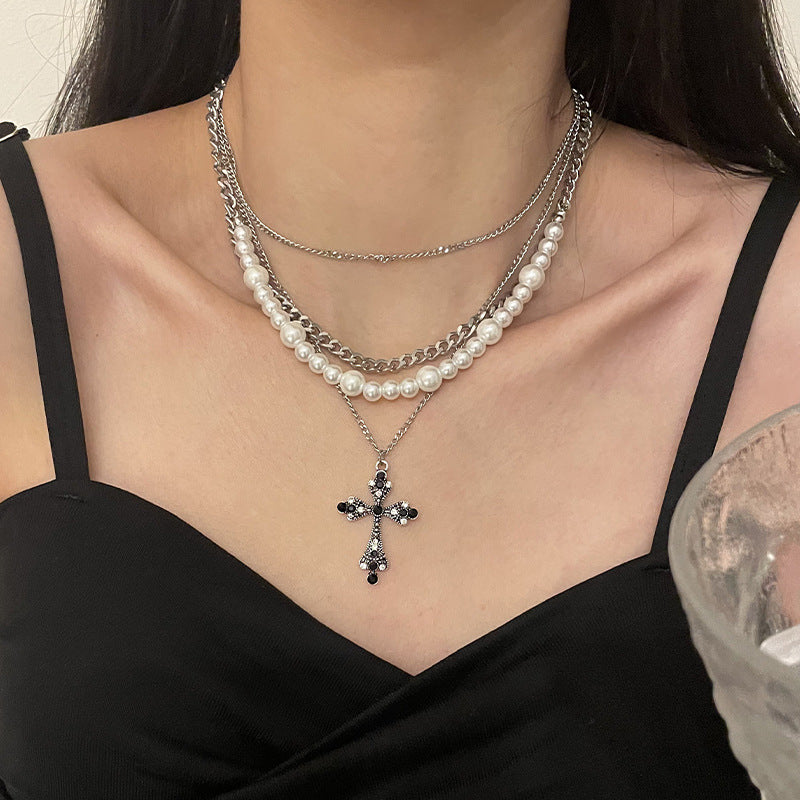 Multi-Layered Pearl Cross Pendant Necklace