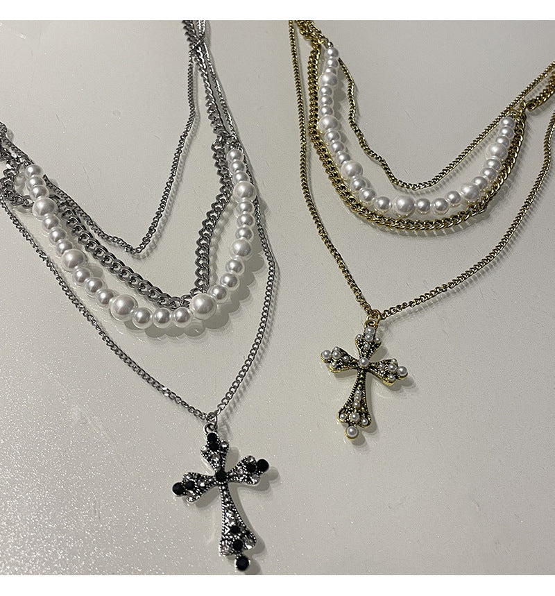 Multi-Layered Pearl Cross Pendant Necklace