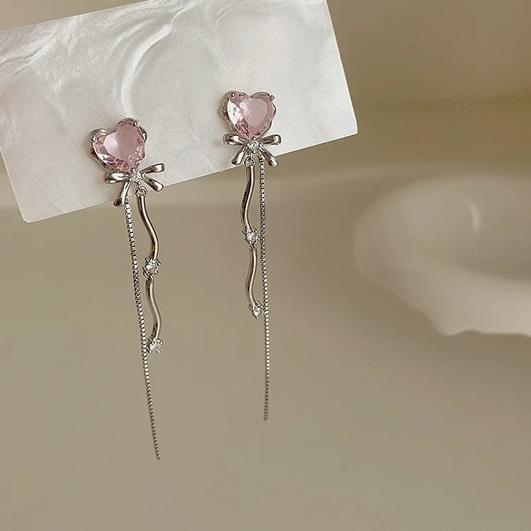 Shiny Pink Crystal Heart Tassel Earrings