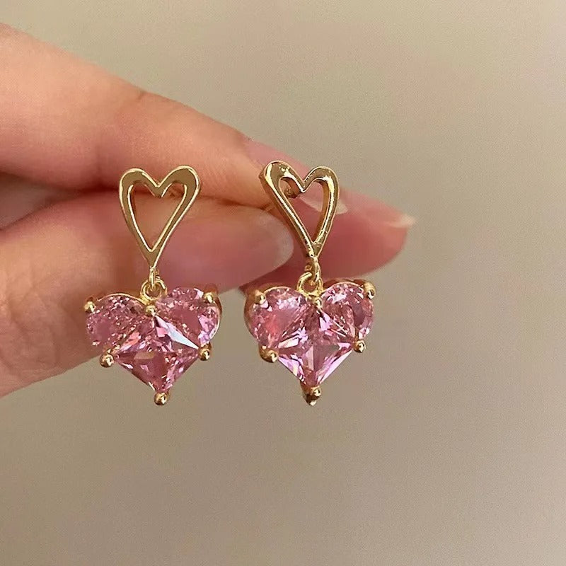 Shiny Pink Crystal Heart Tassel Earrings