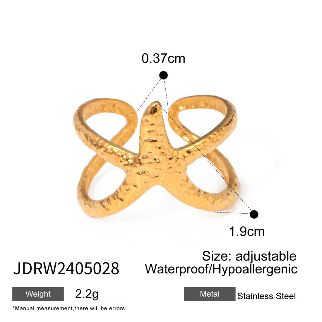 Uworld Beach Style Stainless Steel Star Open Ring – Waterproof Gold Color Jewelry Gift