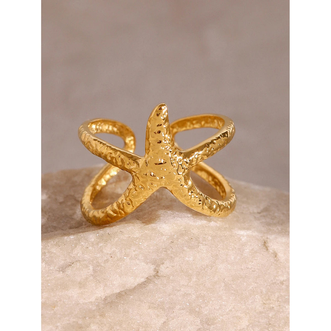 Uworld Beach Style Stainless Steel Star Open Ring – Waterproof Gold Color Jewelry Gift