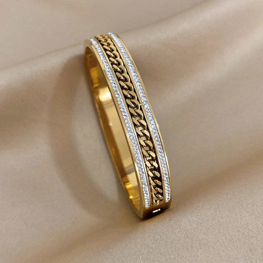 Luxury Stainless Steel Cuff Bracelet - Gold & Silver Couples Bangle with Rhinestones