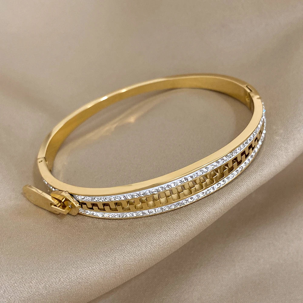 Original Zipper Charm Bangle - Gold Plated Stainless Steel Bracelet for Women