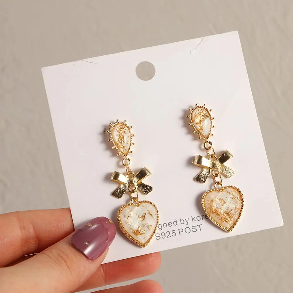 Golden Bowknot Heart Resin Earrings