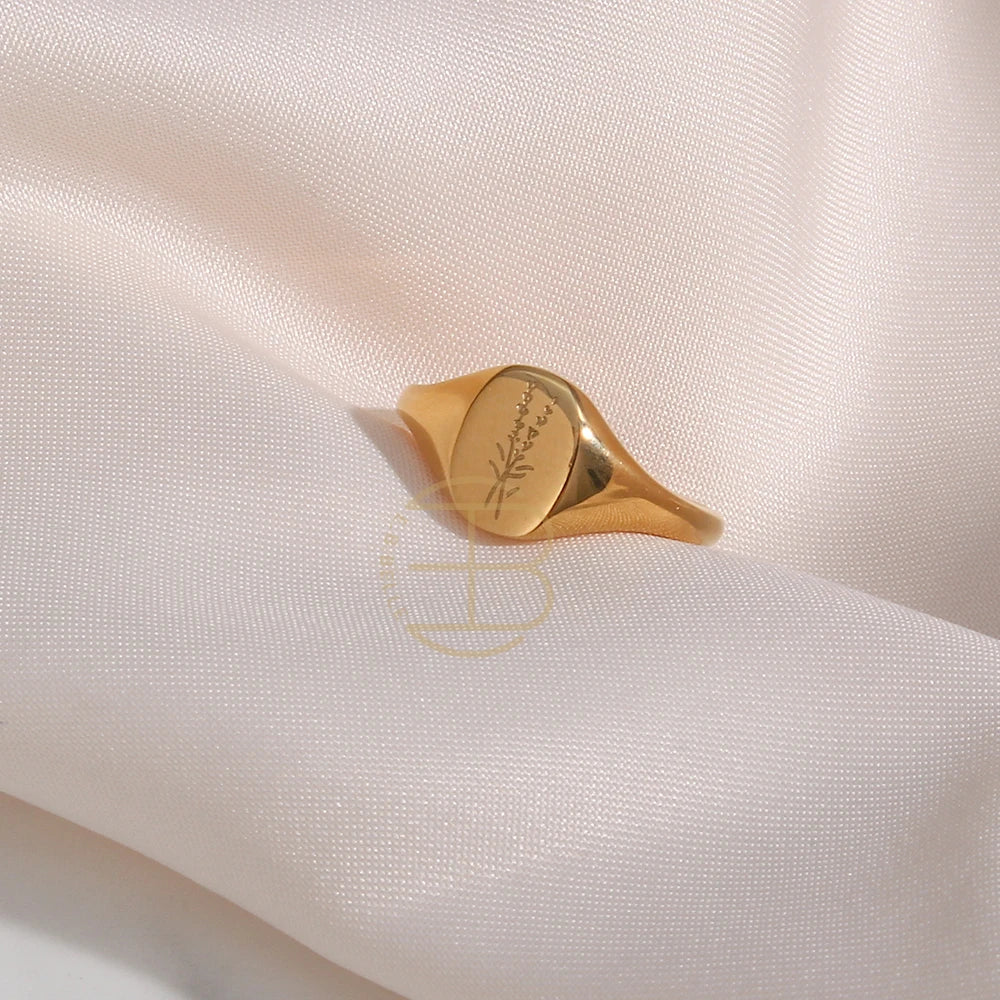 Tarnish-Free 18K Gold Plated Wildflower Signet Rings