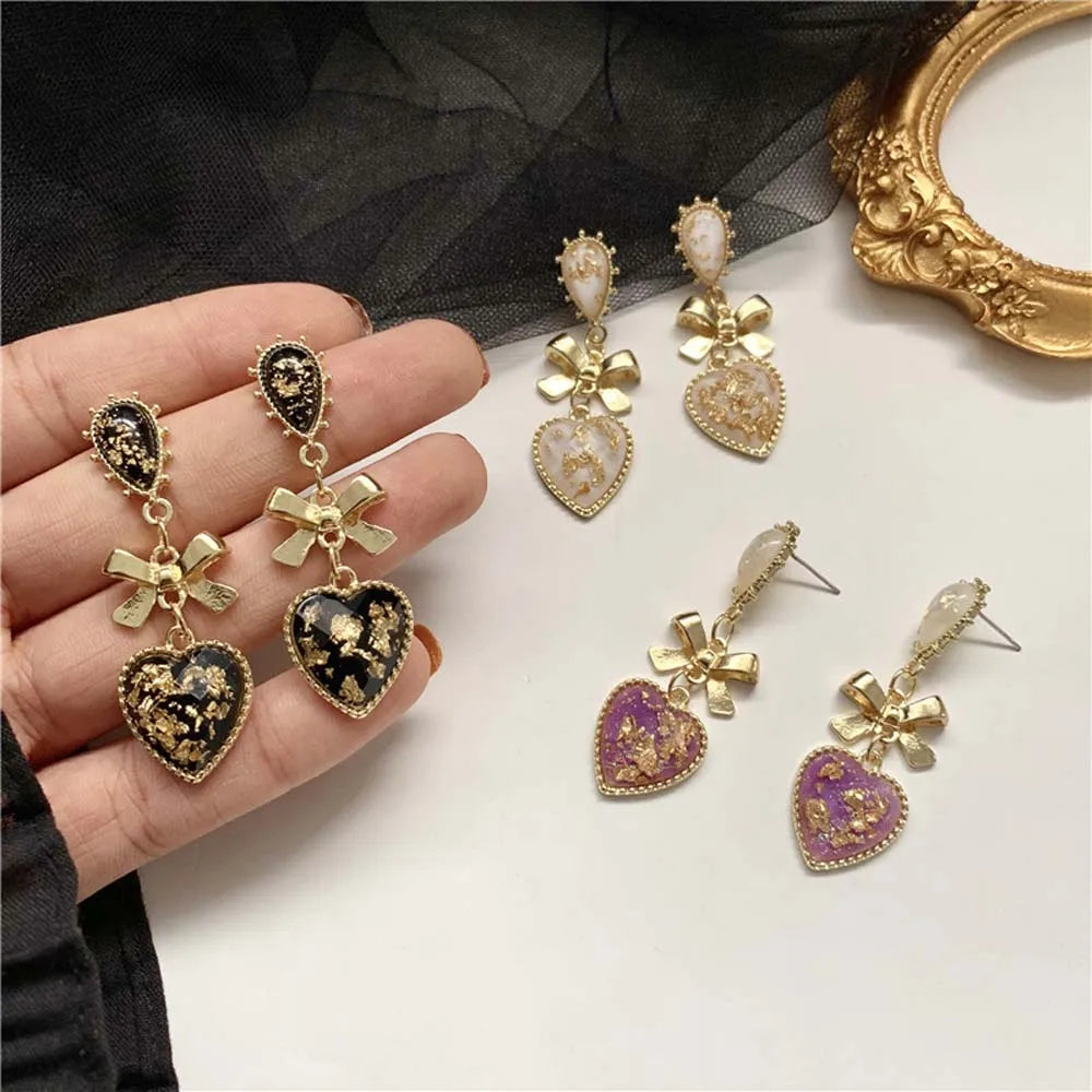 Golden Bowknot Heart Resin Earrings