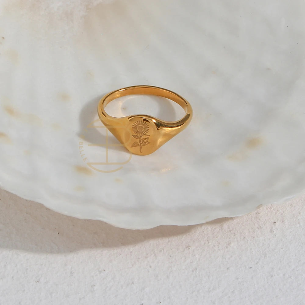 Tarnish-Free 18K Gold Plated Wildflower Signet Rings