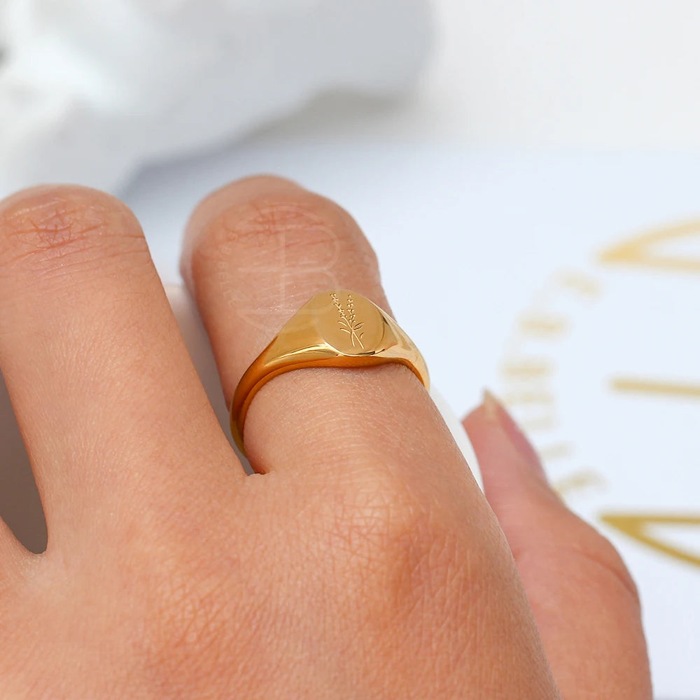 Tarnish-Free 18K Gold Plated Wildflower Signet Rings