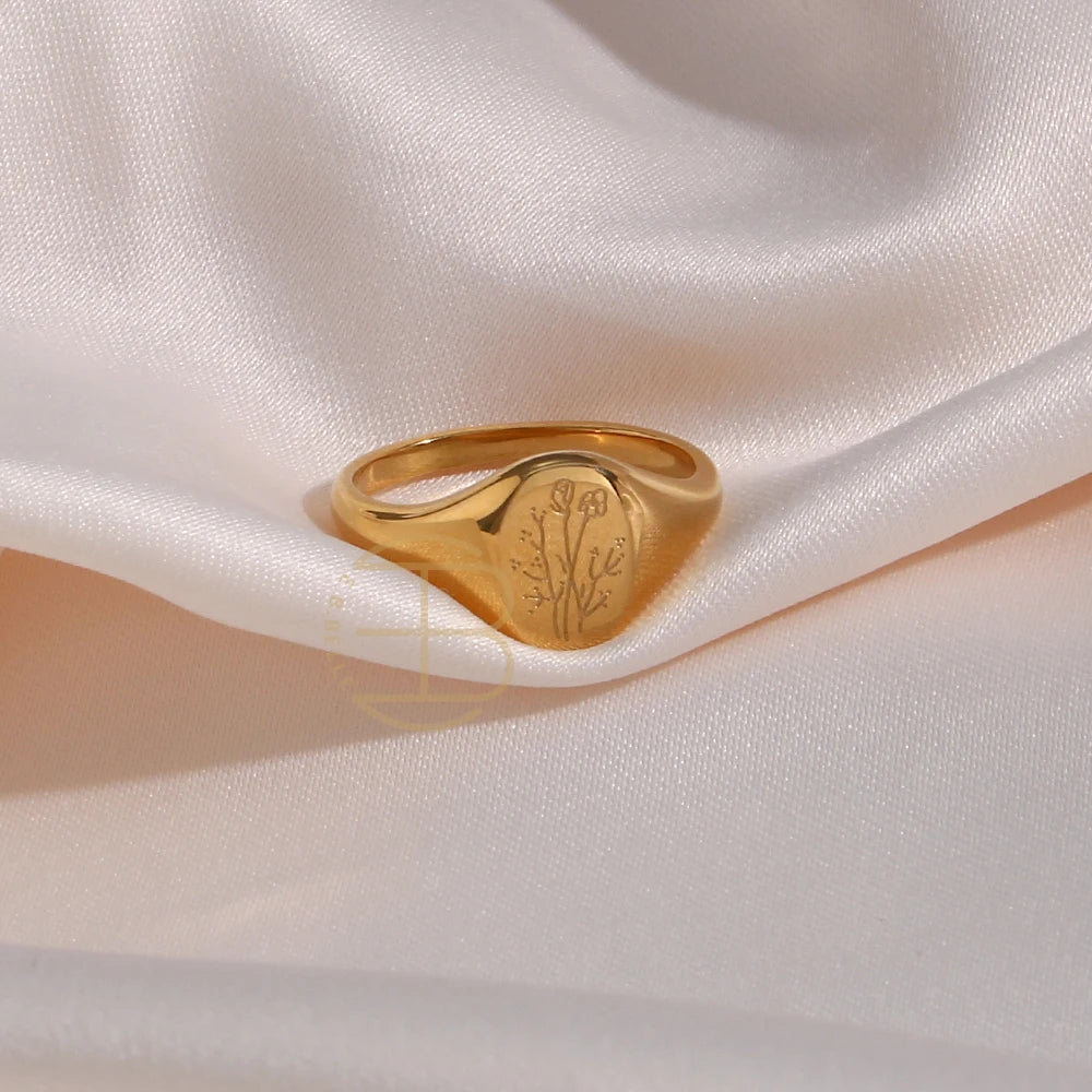 Tarnish-Free 18K Gold Plated Wildflower Signet Rings