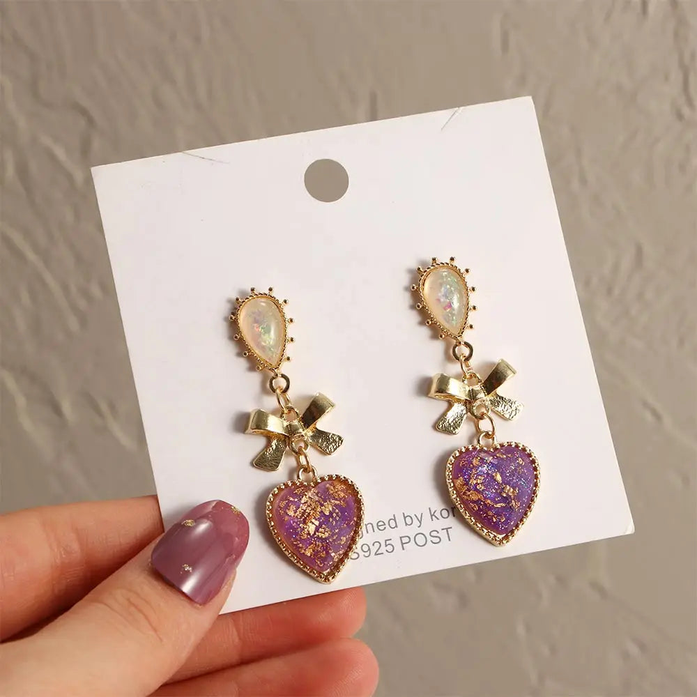 Golden Bowknot Heart Resin Earrings