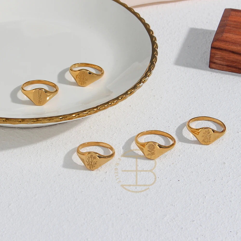 Tarnish-Free 18K Gold Plated Wildflower Signet Rings