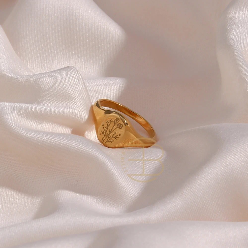 Tarnish-Free 18K Gold Plated Wildflower Signet Rings