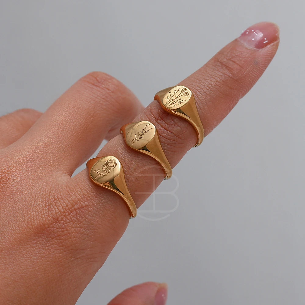 Tarnish-Free 18K Gold Plated Wildflower Signet Rings