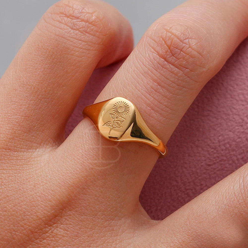 Tarnish-Free 18K Gold Plated Wildflower Signet Rings