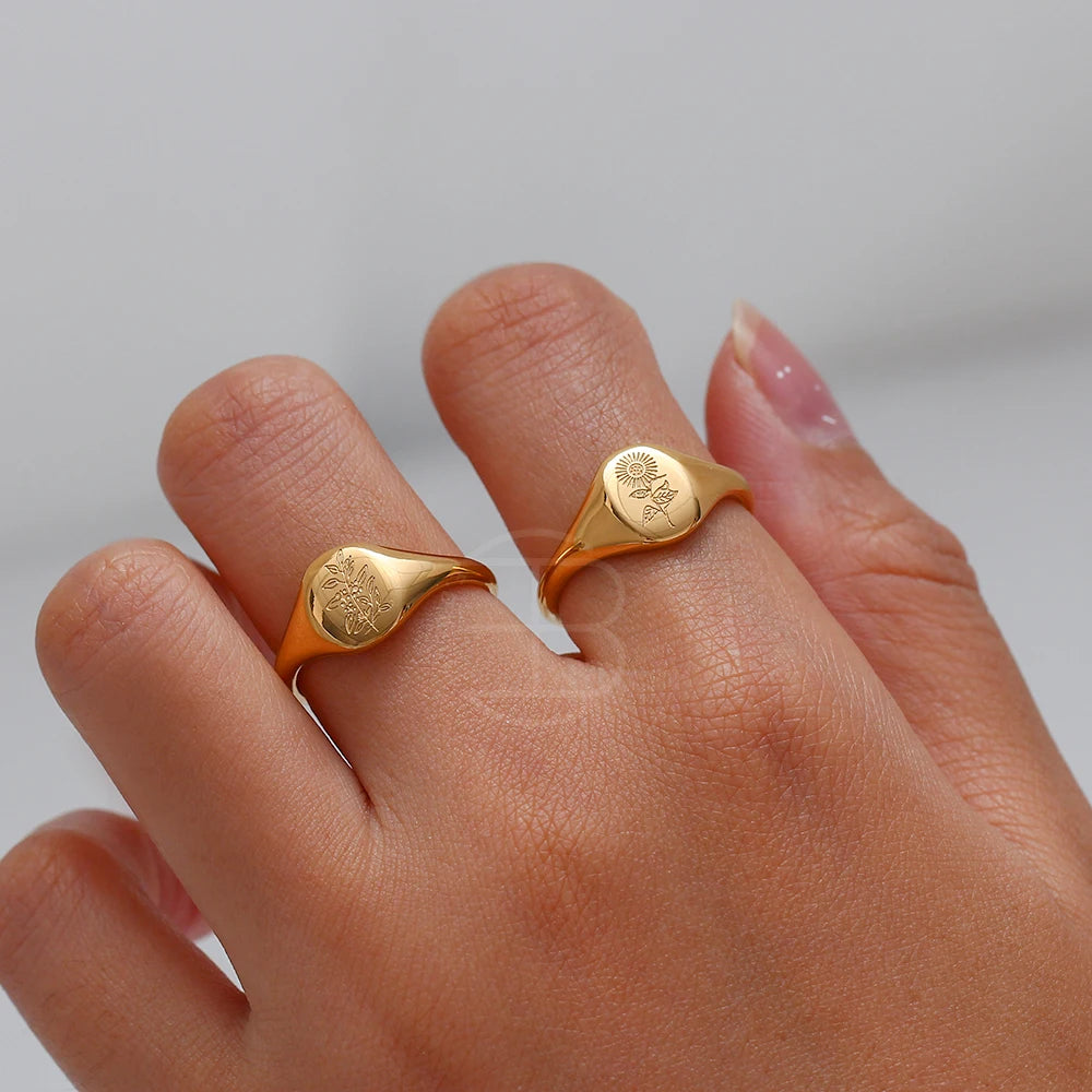 Tarnish-Free 18K Gold Plated Wildflower Signet Rings