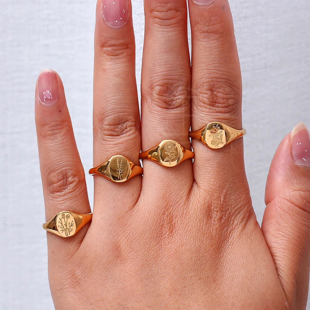 Tarnish-Free 18K Gold Plated Wildflower Signet Rings