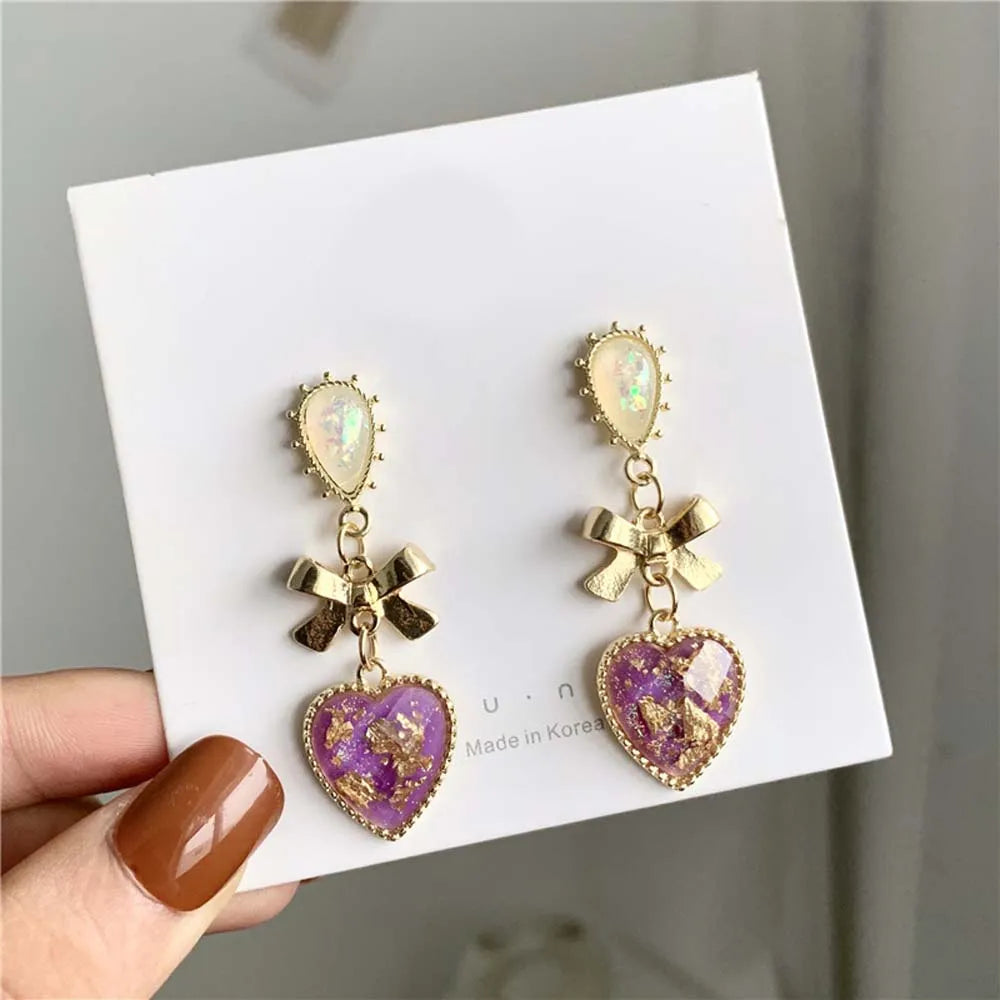 Golden Bowknot Heart Resin Earrings