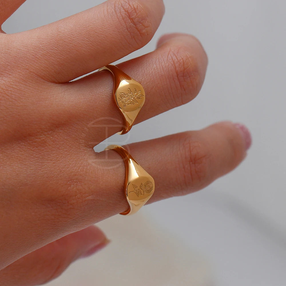 Tarnish-Free 18K Gold Plated Wildflower Signet Rings