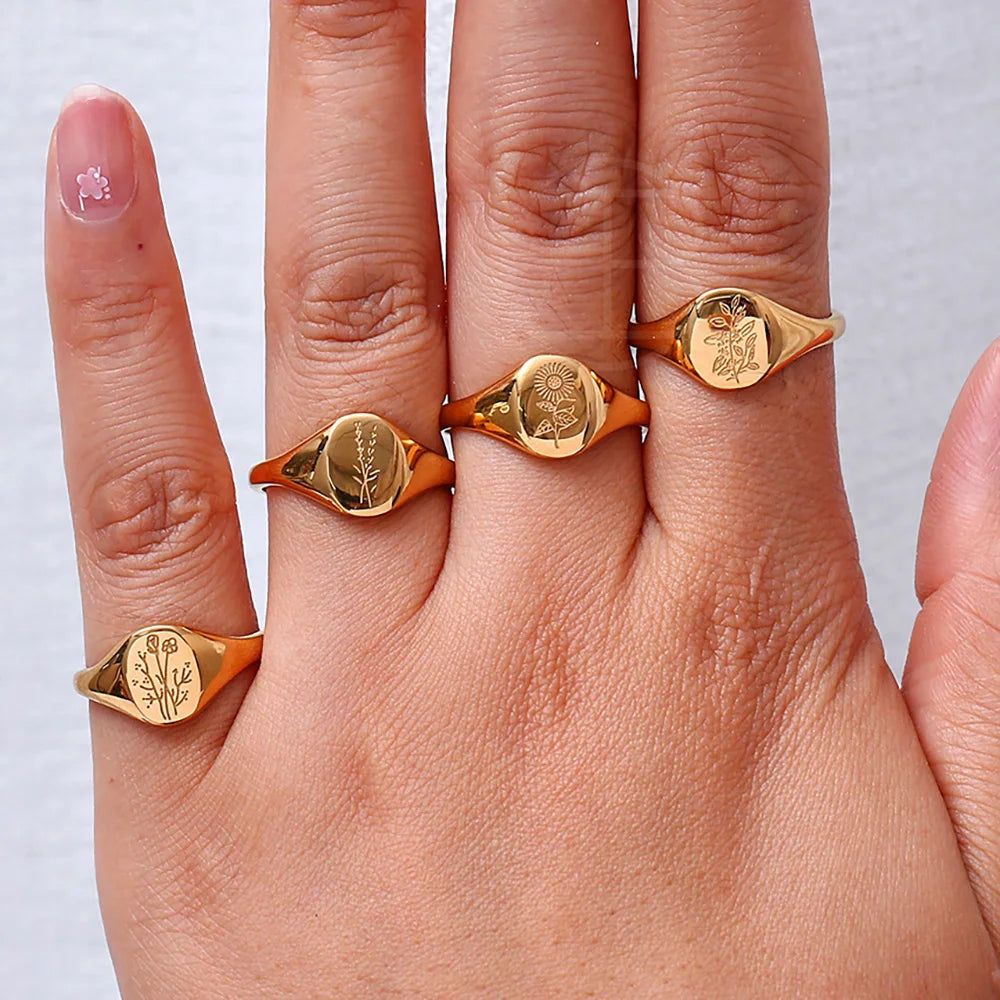 Tarnish-Free 18K Gold Plated Wildflower Signet Rings