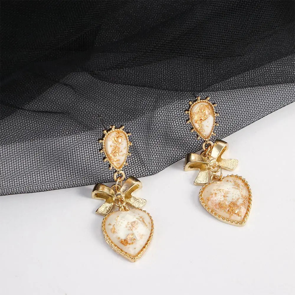 Golden Bowknot Heart Resin Earrings