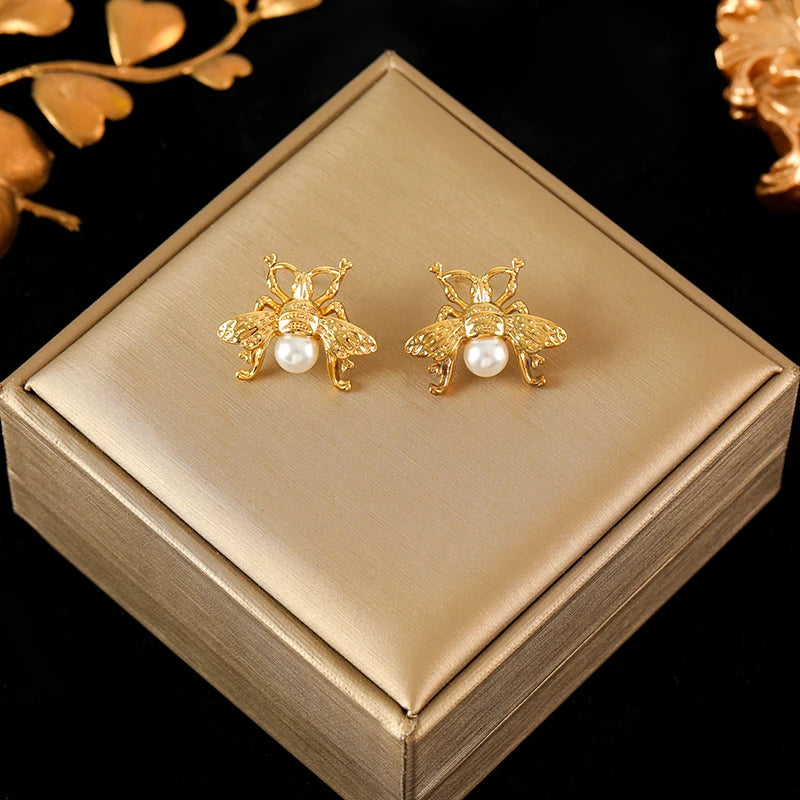 Stainless Steel Bee Pearl Earrings