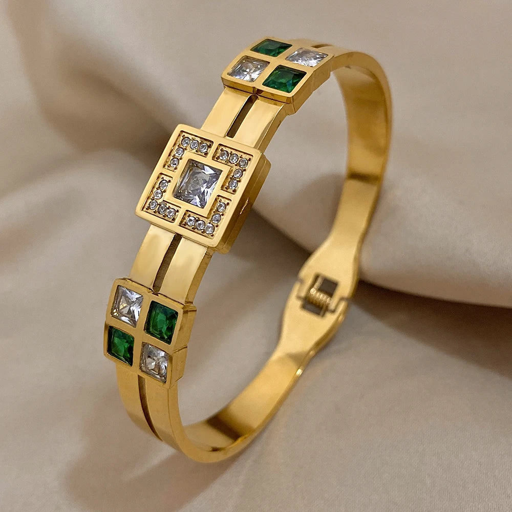 Luxury Emerald Green & White Zircon Stainless Steel Bangle - Waterproof Cuff Bracelet