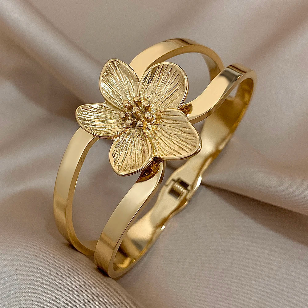 Chunky Gold-Plated Flower Cuff Bracelet