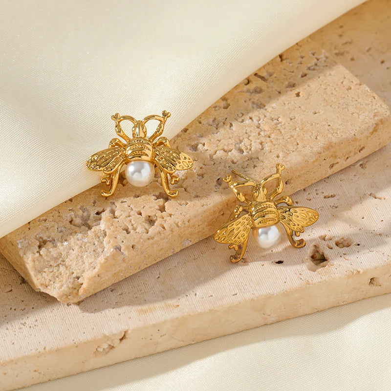 Stainless Steel Bee Pearl Earrings