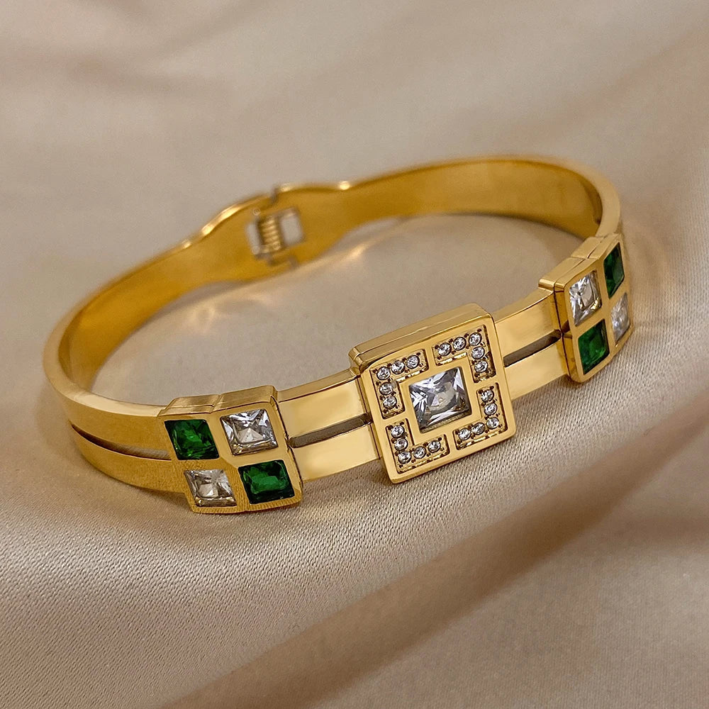 Luxury Emerald Green & White Zircon Stainless Steel Bangle - Waterproof Cuff Bracelet