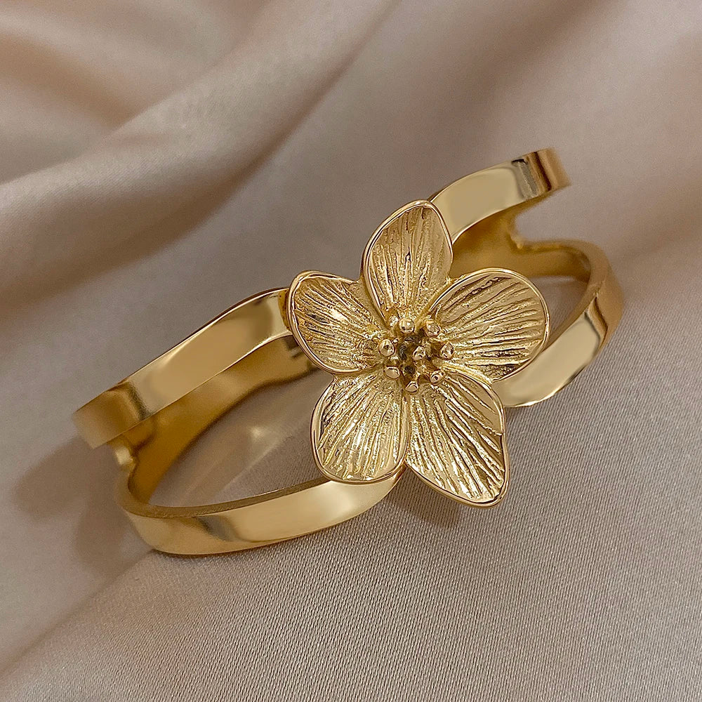 Chunky Gold-Plated Flower Cuff Bracelet