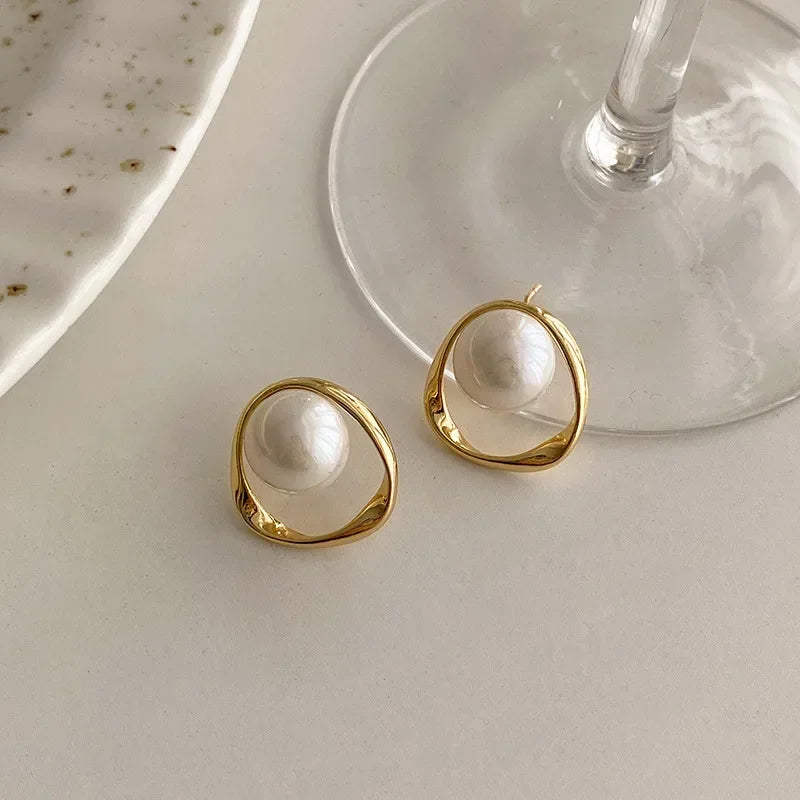 Gold Round Pearl Stud Earrings