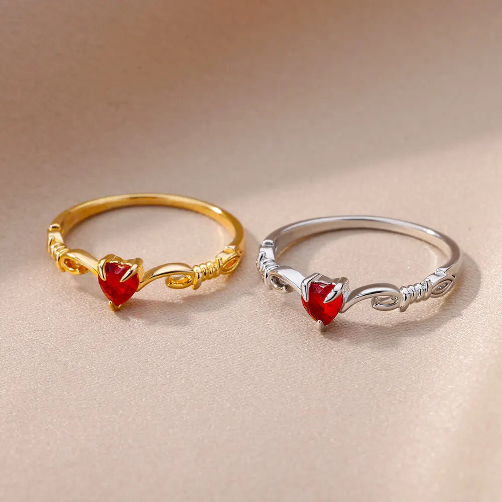 Red Heart Zircon Ring – Gold Color Stainless Steel Wedding and Engagement Jewelry for Women