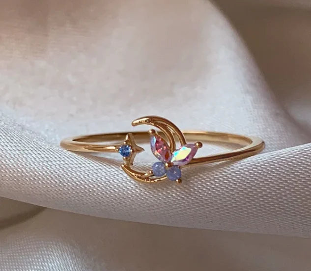 Y2K Cute Colorful Zircon Heart Flower Butterfly Ring – Exquisite Jewelry for Women and Girls