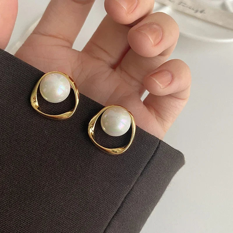 Gold Round Pearl Stud Earrings