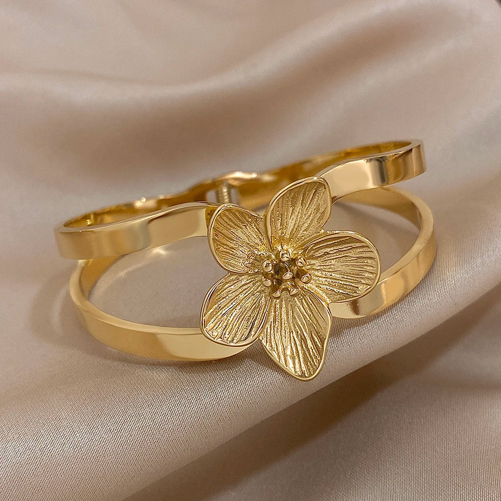 Chunky Gold-Plated Flower Cuff Bracelet