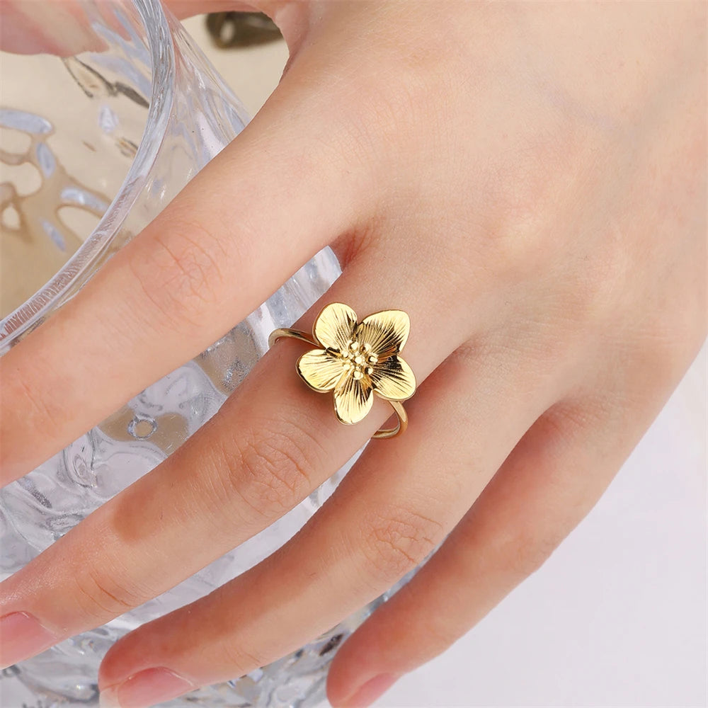 D&Z Romantic Stainless Steel Flower Open Rings – Kpop Style Jewelry for Women