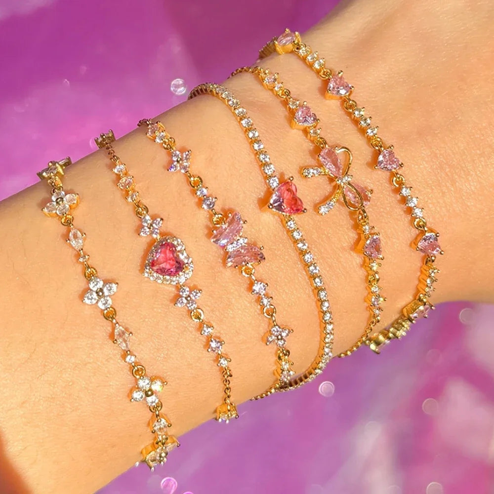 Y2K Pink Zircon Bowknot Love Heart Bracelet