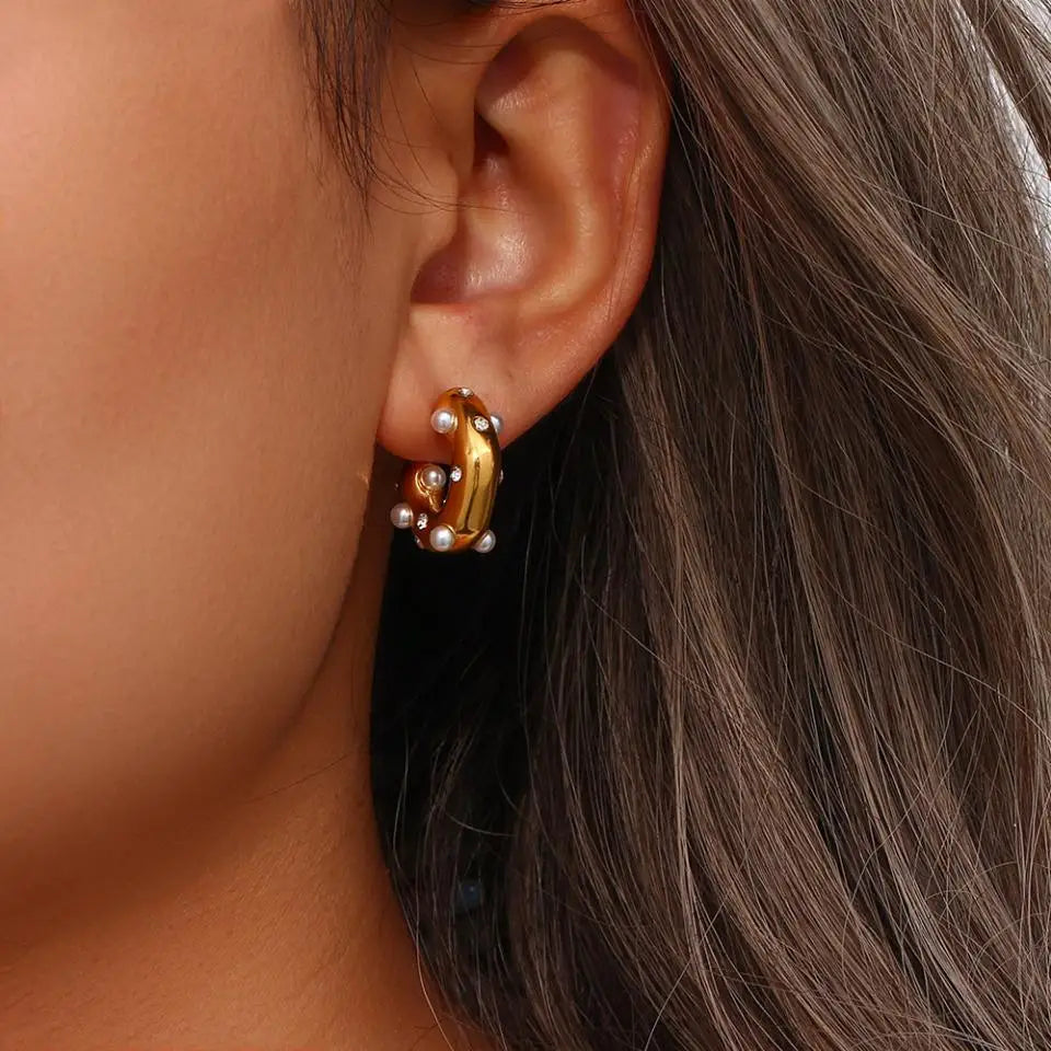 Chunky Gold-Plated Pearl Zircon Earrings