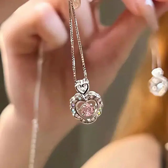 Korean Fashion Pink Crystal Heart Bow Tie Pendant