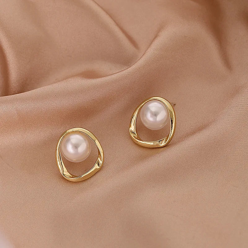 Gold Round Pearl Stud Earrings